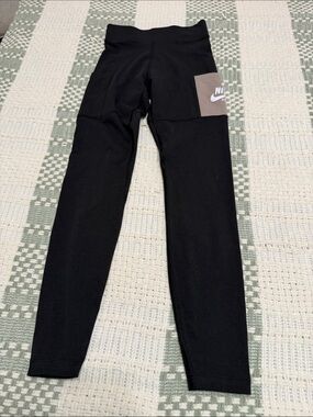 Nike Girls Black Leggings with Taupe Pocket and White Logo